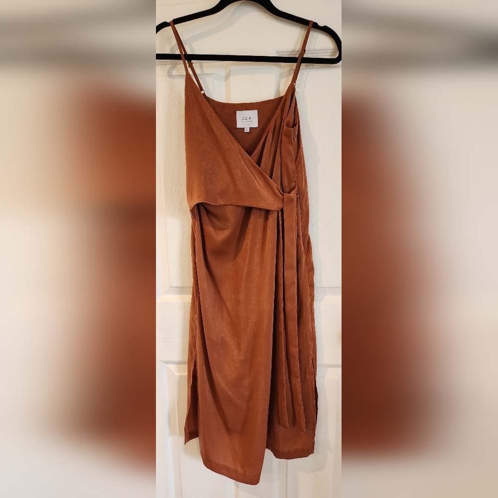Rusty Brown Satin Midi Wrap Dress JOA Fall in Love Womens XS